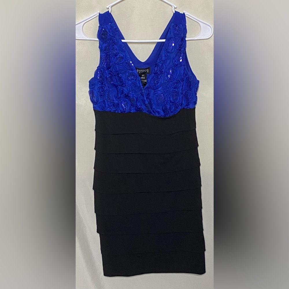 Black and Royal Blue EnFocus Petite Rose Bodice Dress